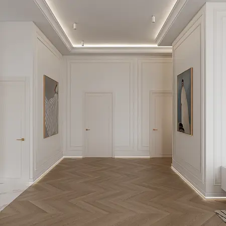 Nowoczesny przedpokój z drewnianą podłogą i obrazami na ścianach, styl glamour i współczesny.