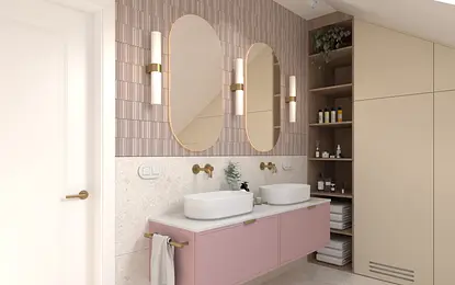 Nowoczesna łazienka z różowym blatem, okrągłymi lustrami i minimalistycznym designem.
