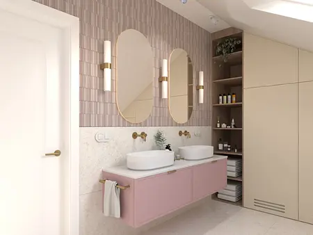 Nowoczesna łazienka z różowym blatem, okrągłymi lustrami i minimalistycznym designem.