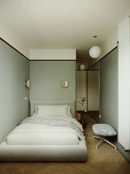 Sypialnia w stylu industrialnym i minimalistycznym z szarymi ścianami, białym łóżkiem i nowoczesnym oświetleniem.