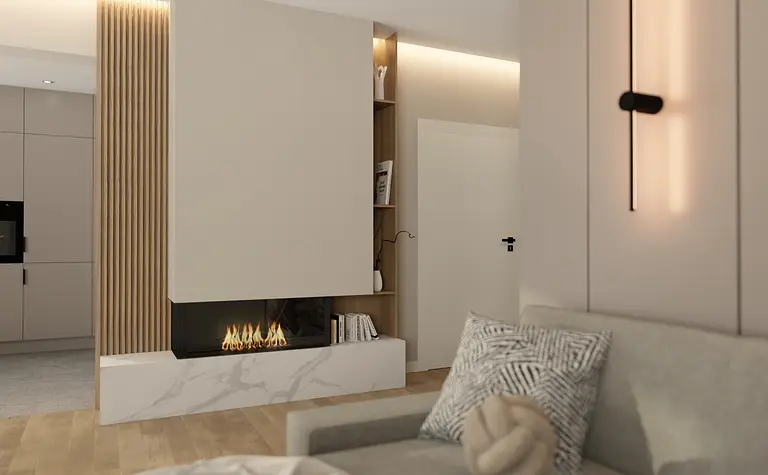 Wnętrze salonu w stylu japandi i minimalistycznym z kominkiem.