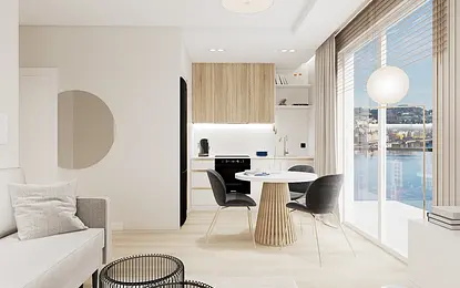 Wnętrze kuchni w stylu soft minimalizm i współczesnym z drewnianymi meblami.