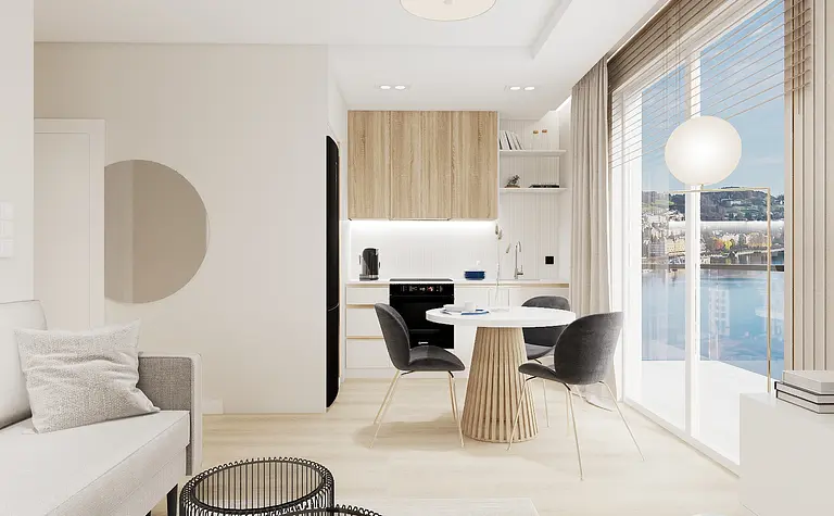 Wnętrze kuchni w stylu soft minimalizm i współczesnym z drewnianymi meblami.