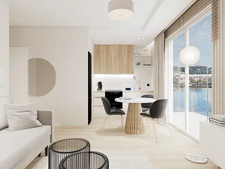 Wnętrze kuchni w stylu soft minimalizm i współczesnym z drewnianymi meblami.