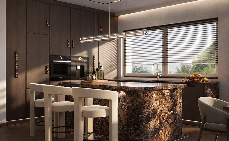 Nowoczesna kuchnia z marmurowym blatem i drewnianymi meblami, styl quiet luxury, współczesny