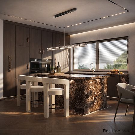 Nowoczesna kuchnia z marmurowym blatem i drewnianymi meblami, styl quiet luxury, współczesny