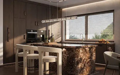 Nowoczesna kuchnia z marmurowym blatem i drewnianymi meblami, styl quiet luxury, współczesny