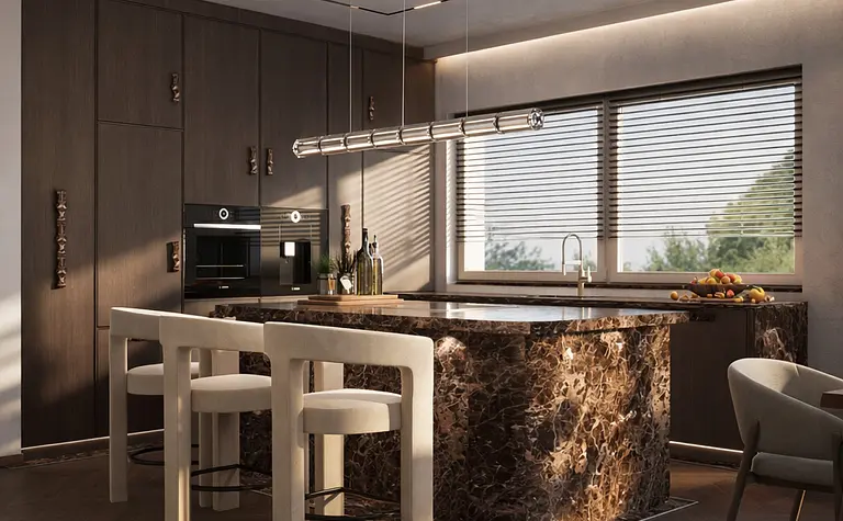 Nowoczesna kuchnia z marmurowym blatem i drewnianymi meblami, styl quiet luxury, współczesny