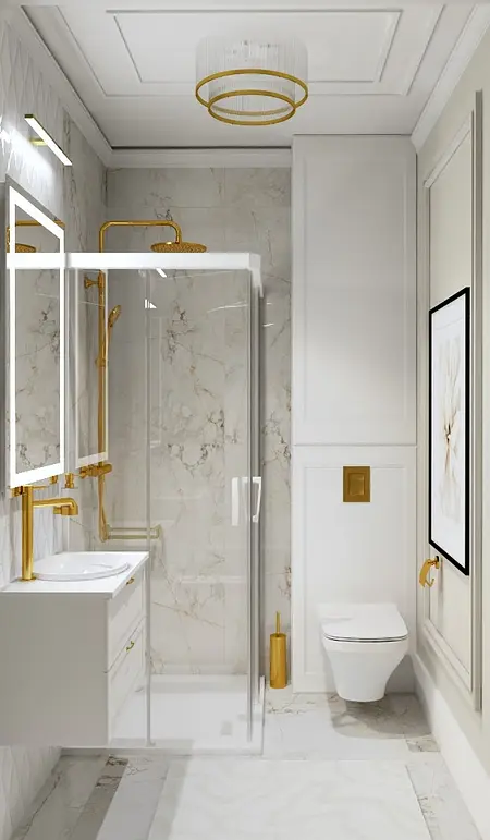 Nowoczesna łazienka w stylu glamour z białymi meblami i złotymi detalami.