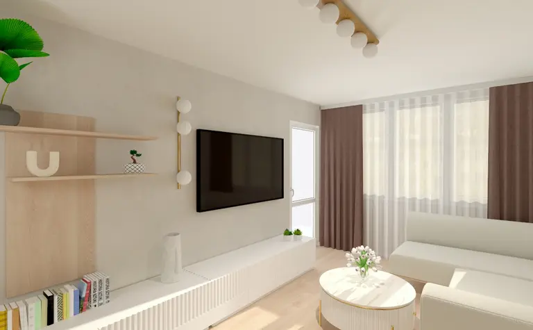 Wnętrze współczesnego salonu z jasnymi meblami, telewizorem i roślinami.