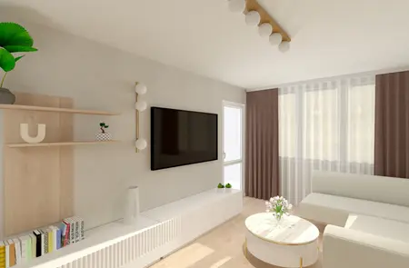 Wnętrze współczesnego salonu z jasnymi meblami, telewizorem i roślinami.