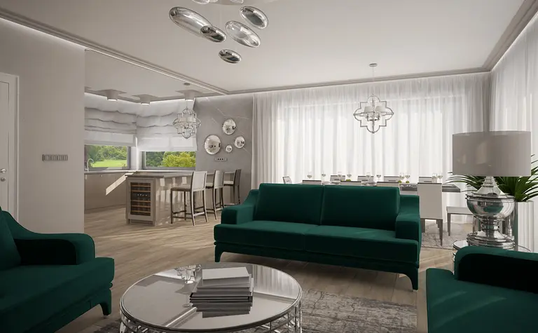 Wnętrze salonu w stylu glamour z zielonymi sofami, nowoczesnym oświetleniem i dużymi oknami.