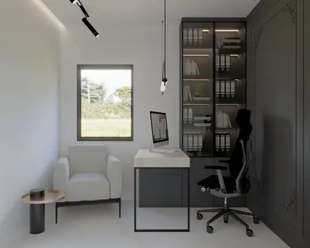 Minimalistyczny gabinet z biurkiem, fotelem i regałem na dokumenty.
