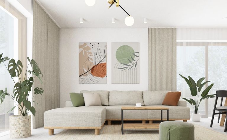 Wnętrze salonu w stylu boho i rustykalnym z jasną sofą i roślinami.