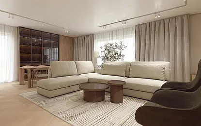Wnętrze salonu w stylu minimaluxe z beżową sofą i drewnianymi akcentami.