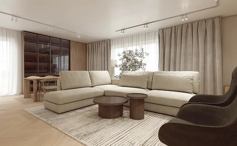 Wnętrze salonu w stylu minimaluxe z beżową sofą i drewnianymi akcentami.