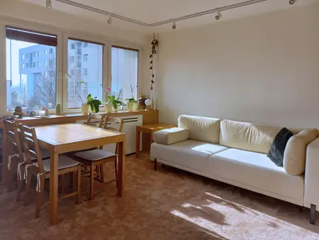 Wnętrze jadalni z drewnianym stołem i jasną sofą, styl nowoczesny, soft minimalizm.