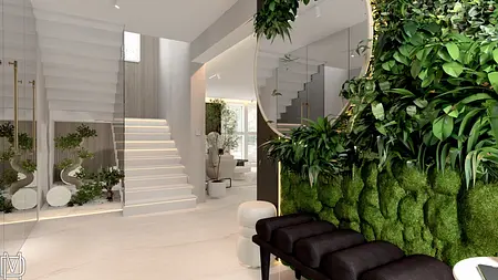 Nowoczesne wnętrze z roślinnymi akcentami i schodami, styl glamour, japandi, quiet luxury i współczesny.