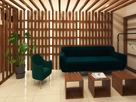 Eklektyczny salon z zieloną sofą, drewnianymi meblami i roślinnością.