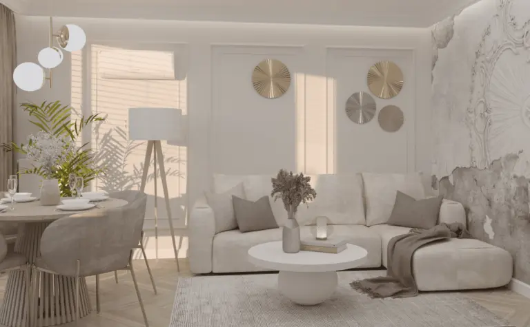 Nowoczesny salon w stylu quiet luxury z jasnym wypoczynkiem i drewnianymi akcentami.
