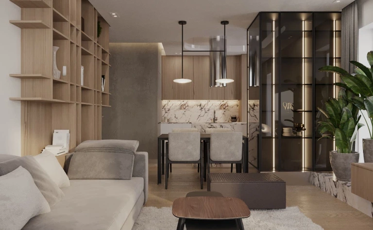 Nowoczesne wnętrze salonu w stylu glamour z minimalistycznym wyposażeniem.