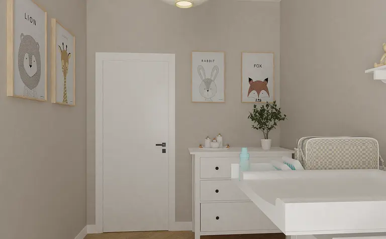 Wnętrze pokoju dziecięcego z białymi meblami, obrazkami i rośliną, styl industrialny i minimalistyczny