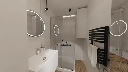 Nowoczesna łazienka z prysznicem, umywalką i minimalistycznymi akcentami.