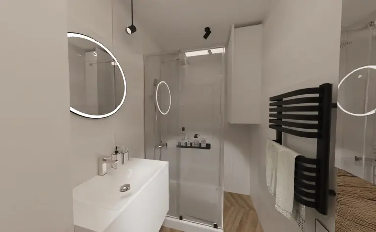 Nowoczesna łazienka z prysznicem, umywalką i minimalistycznymi akcentami.