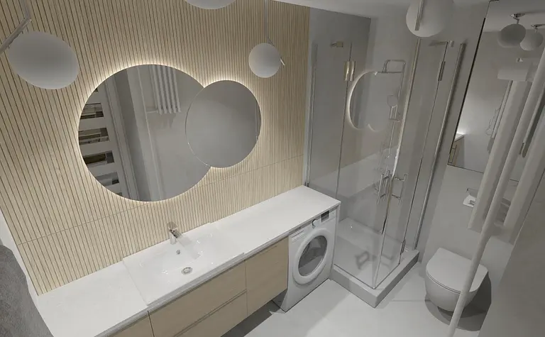 Nowoczesna łazienka z minimalistycznym wykończeniem, drewnianymi akcentami i prysznicem.