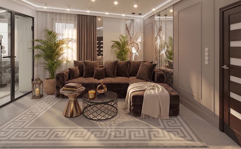 Stylowe wnętrze salonu glamour z brązową sofą i roślinami