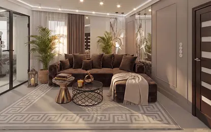 Stylowe wnętrze salonu glamour z brązową sofą i roślinami