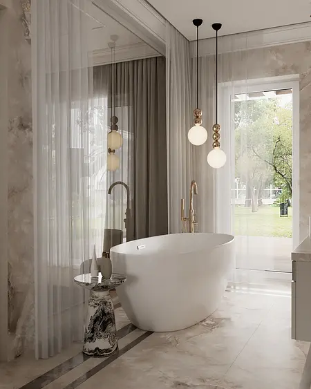 Nowoczesna łazienka z białą wanną, złotymi detalami i eleganckimi zasłonami.
