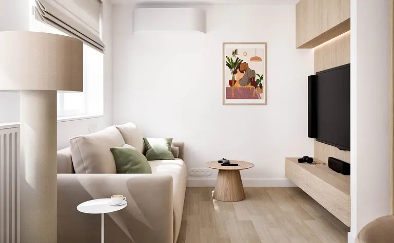 Wnętrze salonu w stylu japandi, minimalistycznym i nowoczesnym z beżową sofą