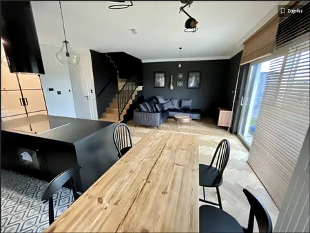 Wnętrze kuchni w stylu dopamine decor z czarnymi meblami i drewnianym stołem.