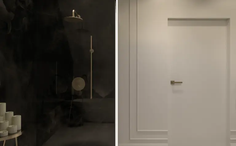 Nowoczesna łazienka z czarnymi i białymi elementami, styl glamour.