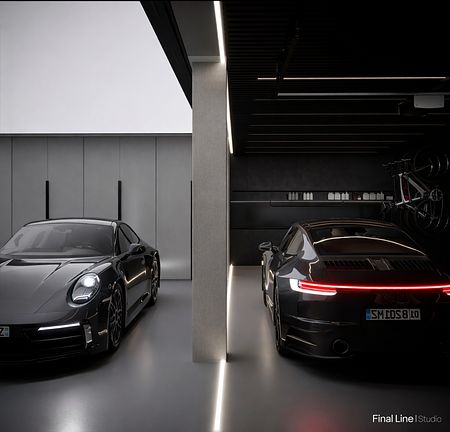 Nowoczesny garaż z dwoma czarnymi samochodami i oświetleniem LED, quiet luxury