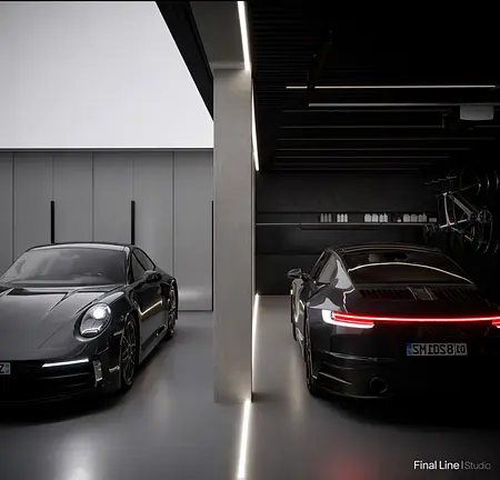 Nowoczesny garaż z dwoma czarnymi samochodami i oświetleniem LED, quiet luxury