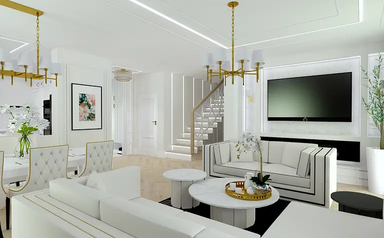 Wnętrze salonu w stylu glamour i współczesnym z białymi meblami i czarnymi dodatkami.