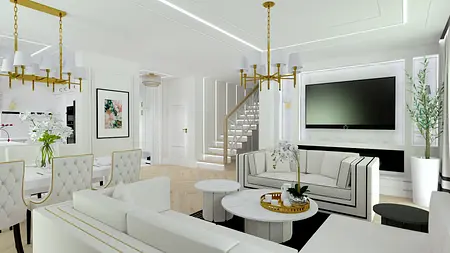 Wnętrze salonu w stylu glamour i współczesnym z białymi meblami i czarnymi dodatkami.