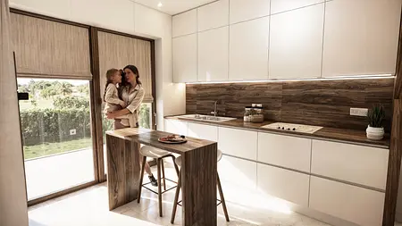 Kuchnia z drewnianym blatem, białymi meblami i dużym oknem, nowoczesny design