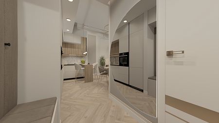Wnętrze kuchni z drewnianymi meblami i nowoczesnym oświetleniem w stylu glamour.