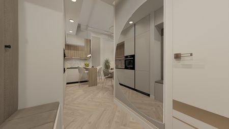 Wnętrze kuchni z drewnianymi meblami i nowoczesnym oświetleniem w stylu glamour.