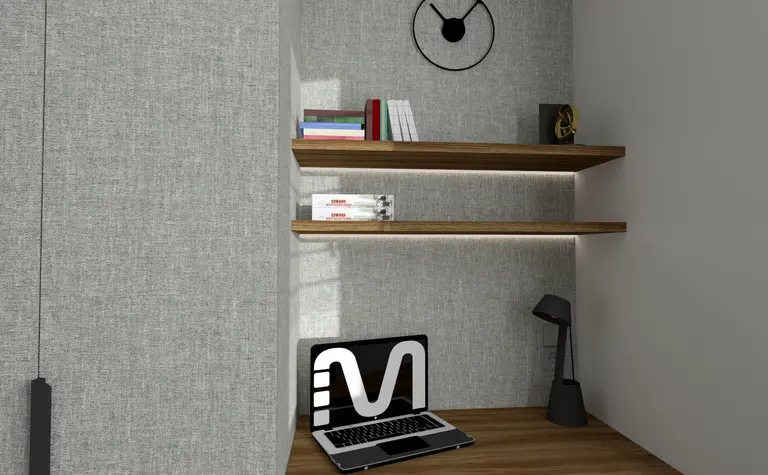 Wnętrze pokoju z minimalistycznym biurkiem i półkami, współczesny design.