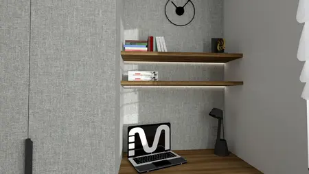 Wnętrze pokoju z minimalistycznym biurkiem i półkami, współczesny design.