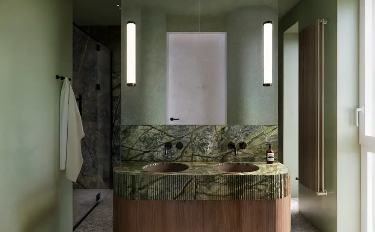 Nowoczesna łazienka z zielonym blatem, soft minimalizm, quiet luxury i minimaluxe