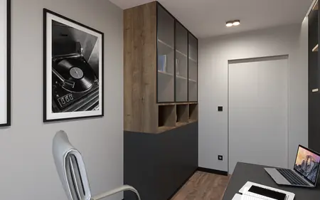 Wnętrze kuchni w stylu japandi i minimalistycznym z drewnianym barem.