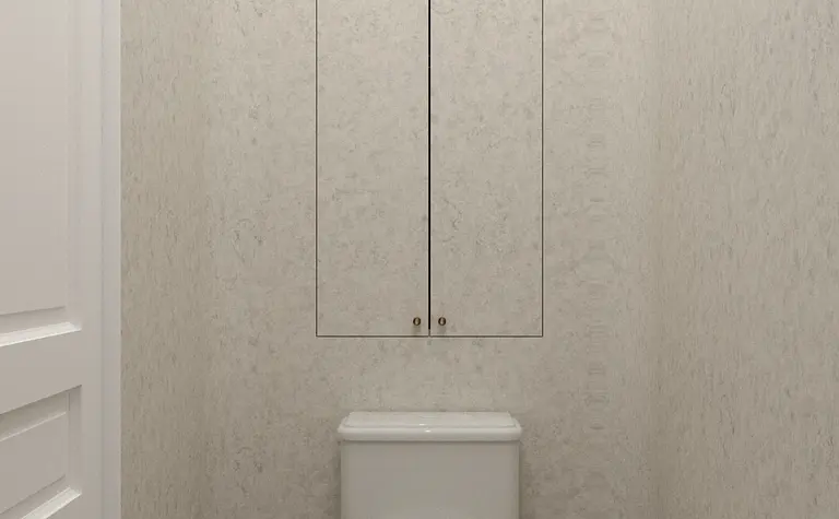 Toaleta z białym WC i szafką, styl art deco, minimaluxe, quiet luxury