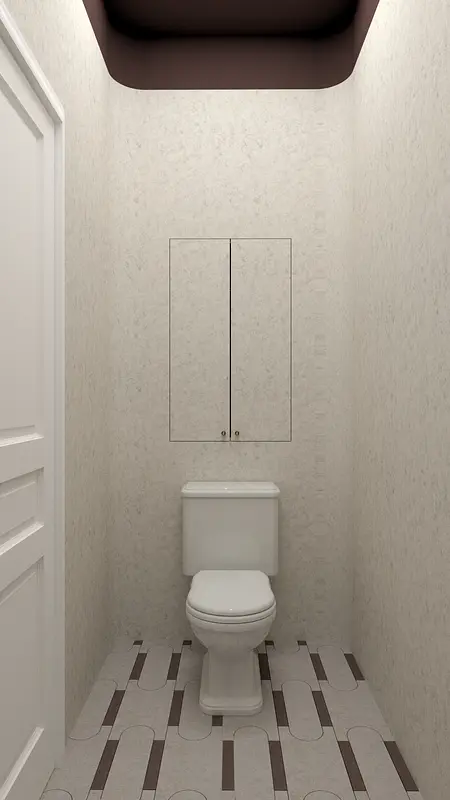 Toaleta z białym WC i szafką, styl art deco, minimaluxe, quiet luxury