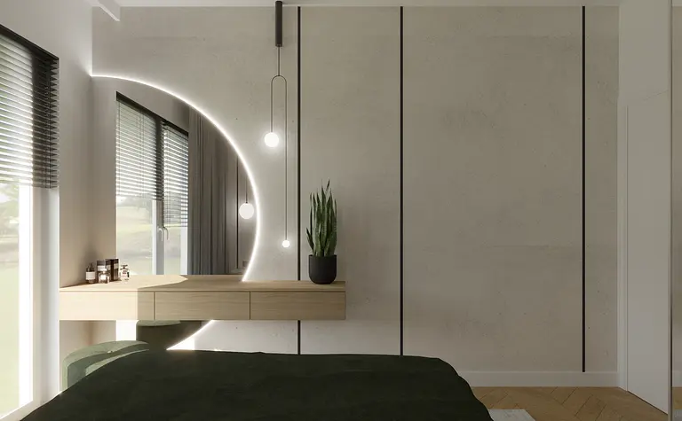 Wnętrze sypialni z minimalistycznym stylem, industrialnymi akcentami oraz rośliną.