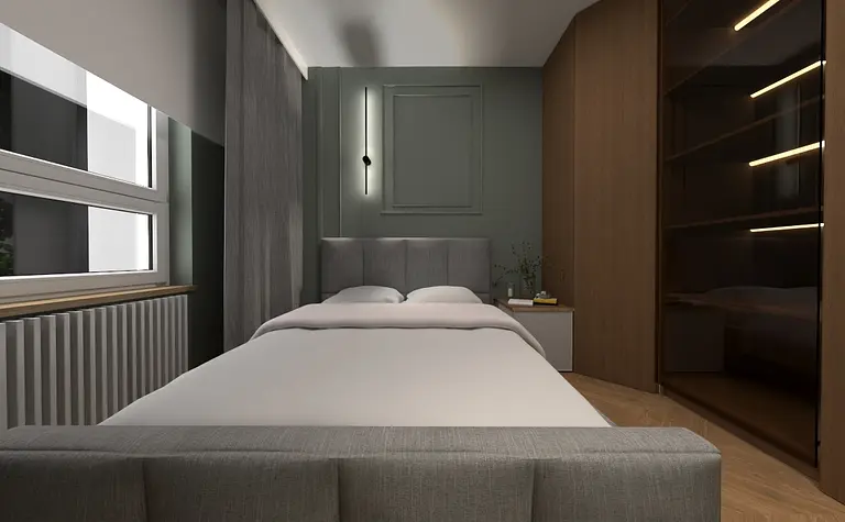 Wnętrze sypialni z szarym łóżkiem, drewnianą szafą i szarymi zasłonami.